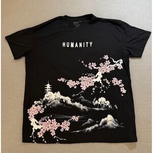 GSTR Mens‎ Black Humanity Cherry Blossom Pagoda Graphic T Shirt Size 2XL